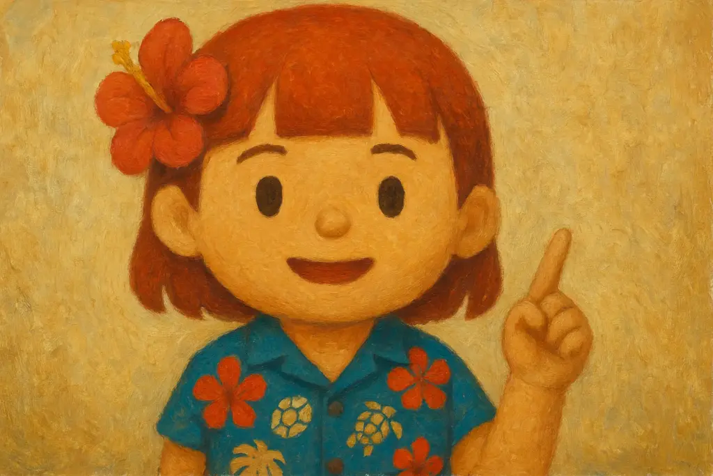 うむいちゃんが正面を向いて人差し指を立て「ワンポイントアドバイス」をするような表情を描いた油絵風横長イラスト