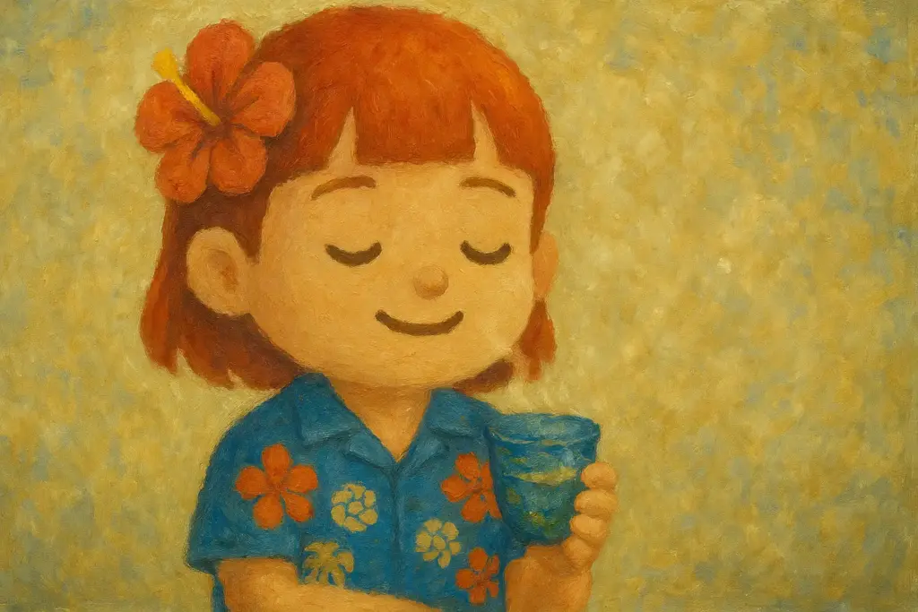 うむいちゃんが琉球ガラスのグラスに入った泡波の香りを目を閉じて穏やかに嗅ぐ様子を描いた油絵風横長イラスト