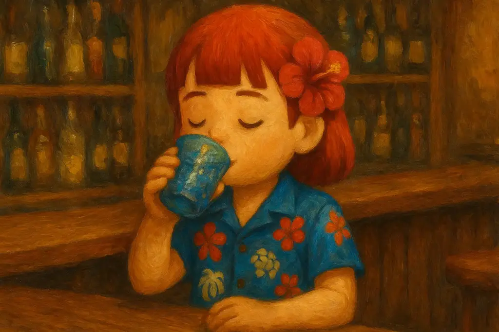 むいちゃんがバーのカウンターで琉球グラスの泡波を口にする様子を描いた油絵風横長イラスト