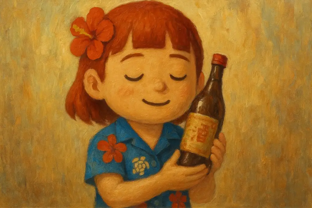 うむいちゃんが泡盛のボトルを両手に持ち誰かを想って目を閉じる様子を描いた油絵風横長イラスト