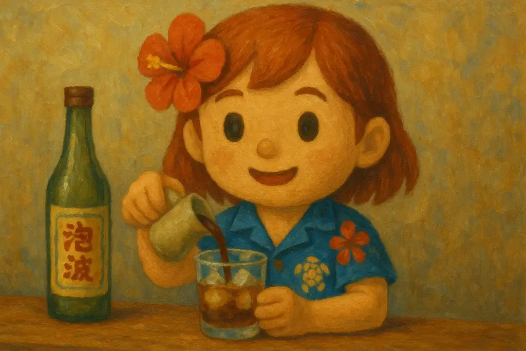 むいちゃんが目を開けて泡波の入ったロックグラスにコーヒーを注ぐ様子を描いた油絵風横長イラスト