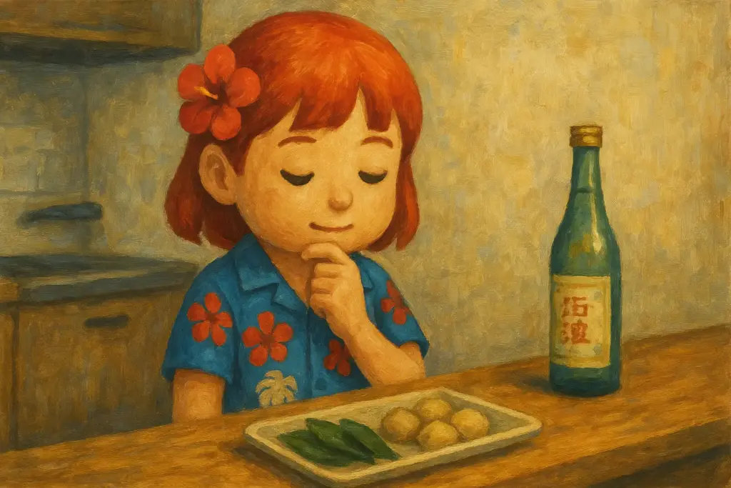 うむいちゃんがキッチンで泡盛のボトルのそばに立ち、泡盛に合う食材を前に何をつまみにしようか考えている様子を描いた油絵風横長イラスト