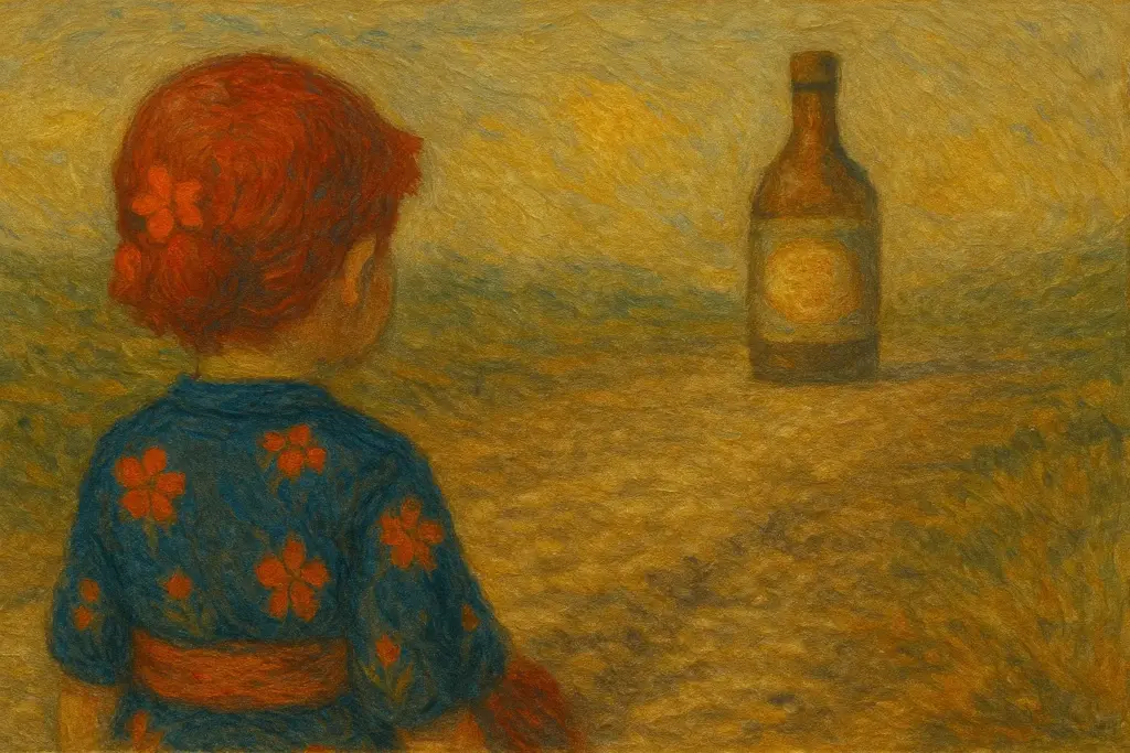 うむいちゃんが砂利道の向こうに蜃気楼のような泡波を見つめる油絵風横長イラスト