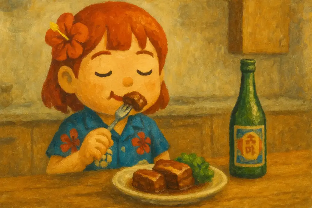 うむいちゃんが泡波と一緒にラフテーを美味しそうに味わう様子を描いた油絵風横長イラスト