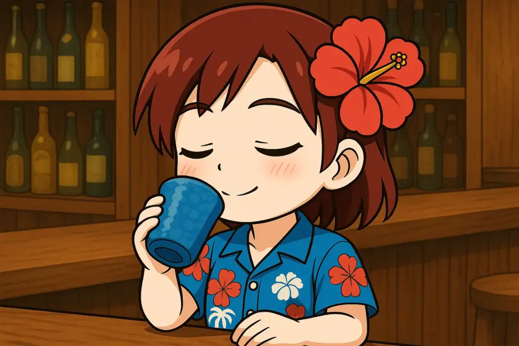 バーのカウンターで青いカップの泡盛を飲むうむいちゃんの横長イラスト