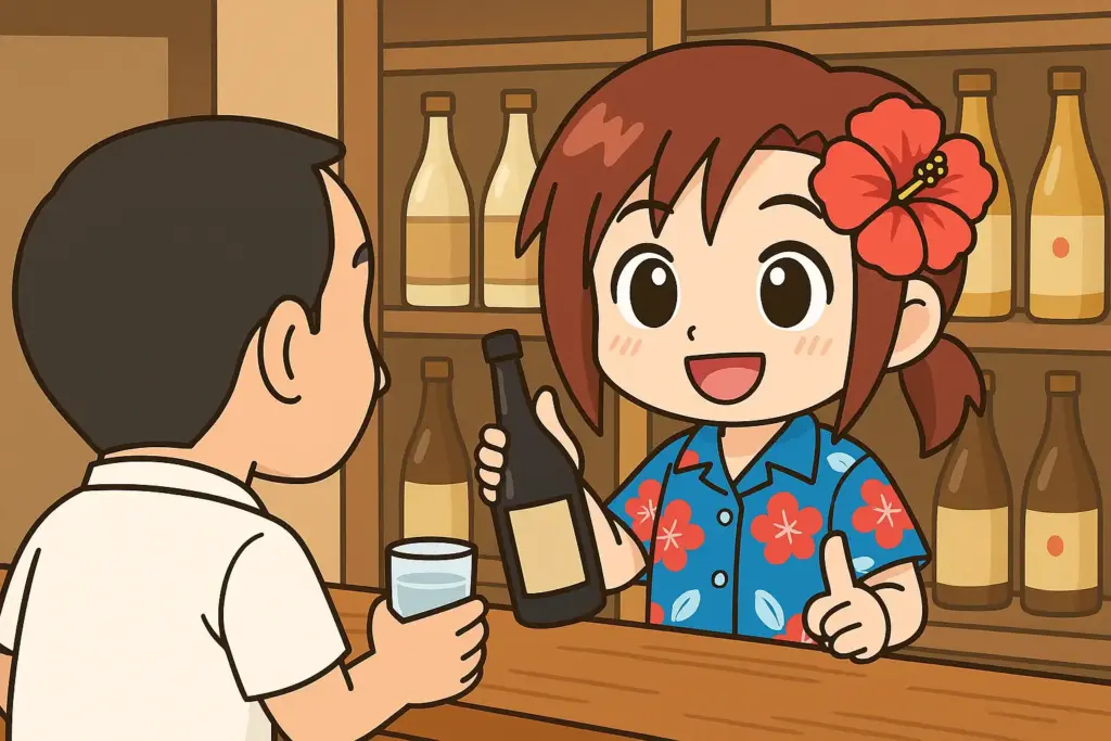 カウンターで男性客に泡盛をすすめるうむいちゃんのイラスト