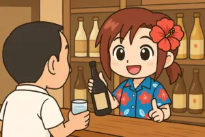 カウンターで男性客に泡盛をすすめるうむいちゃんのイラスト