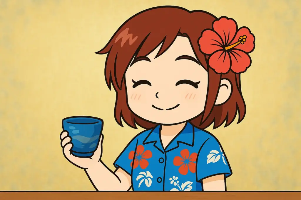 青いカップを手に微笑むうむいちゃんの横長イラスト