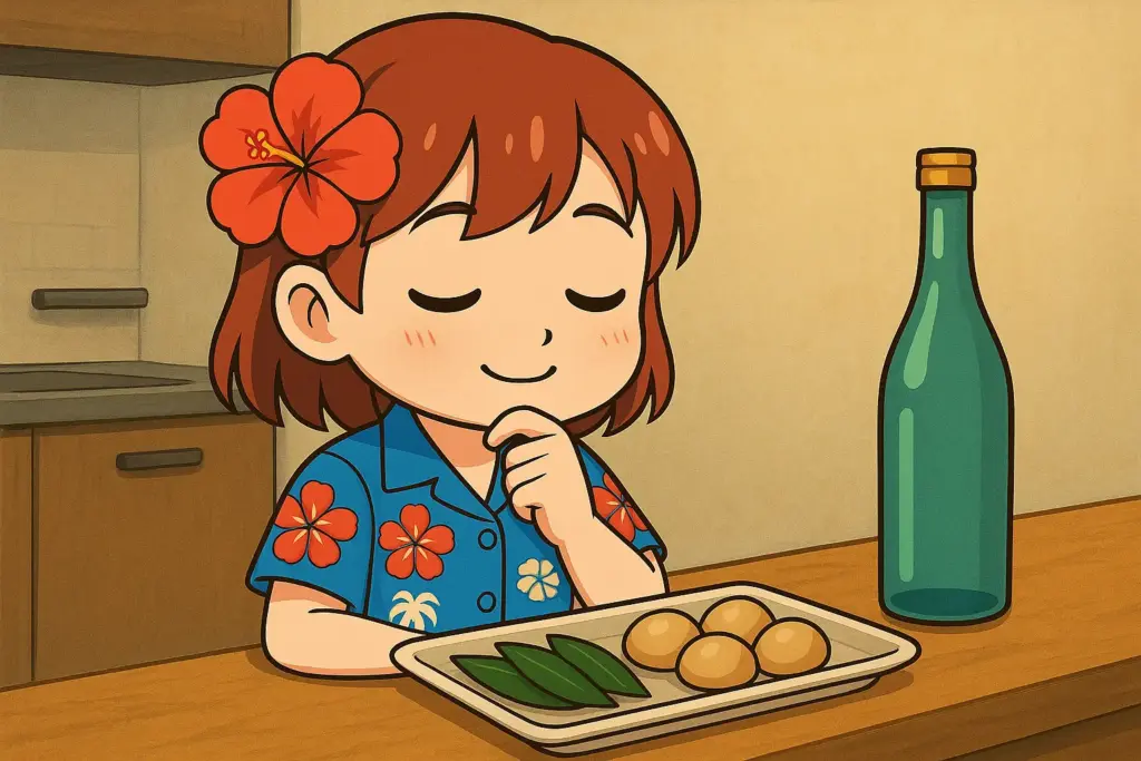 うむいちゃんが泡盛とおつまみを前に選んでいる様子を描いた横長アニメ風イラスト