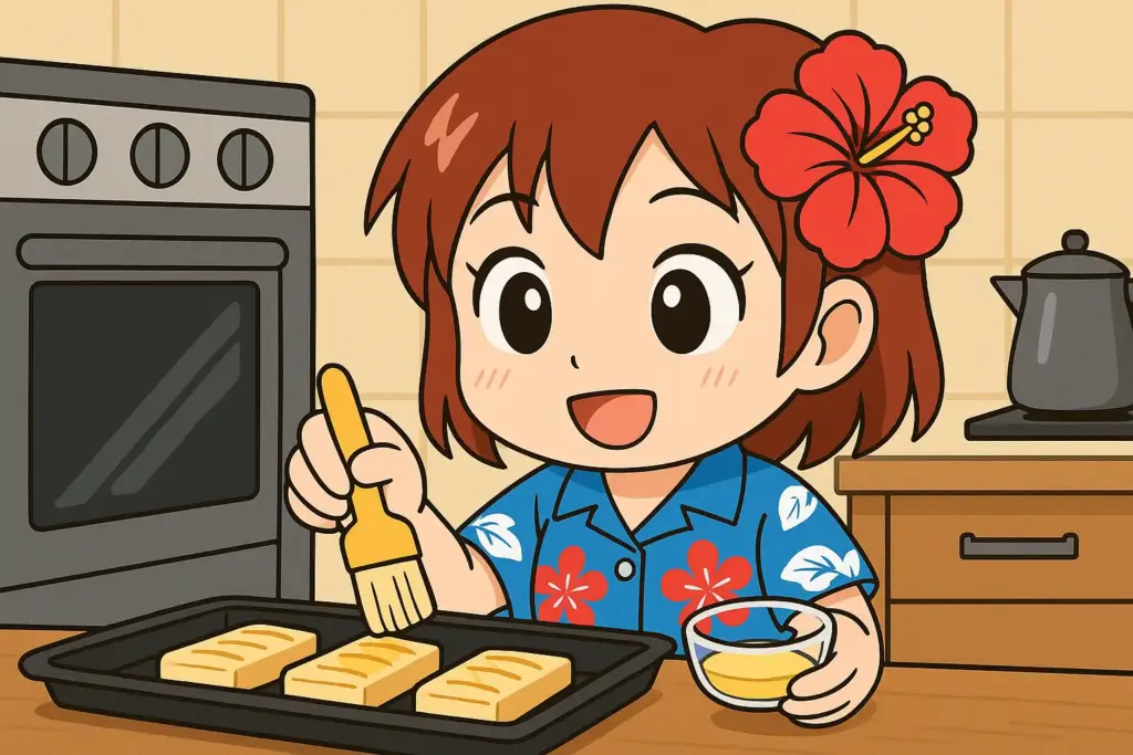 オーブンに入れる前にパイへ油を丁寧に塗っているうむいちゃんの横長イラスト（アロハ柄シャツとハイビスカスのキャラ）