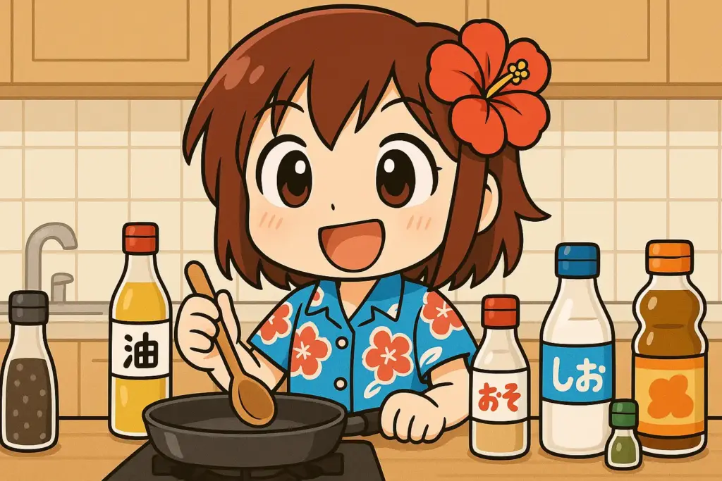 キッチンで多くの調味料を前に料理する気満々のうむいちゃんを描いた横長イラスト（ハイビスカスとアロハ柄シャツのキャラ）