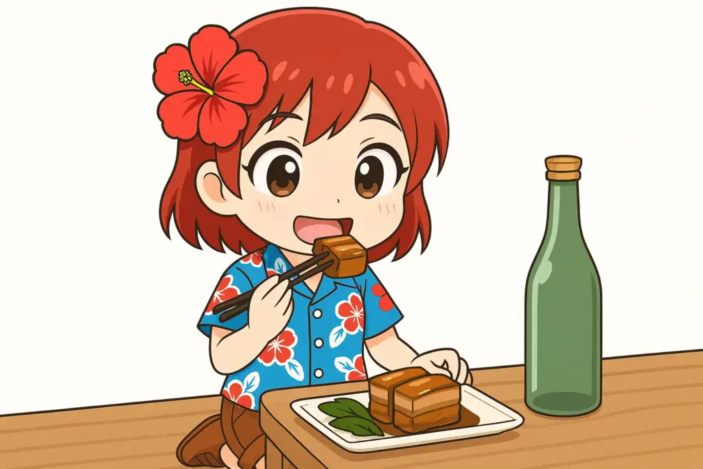 アニメ風のうむいちゃんがラフテーを美味しそうに食べているイラスト