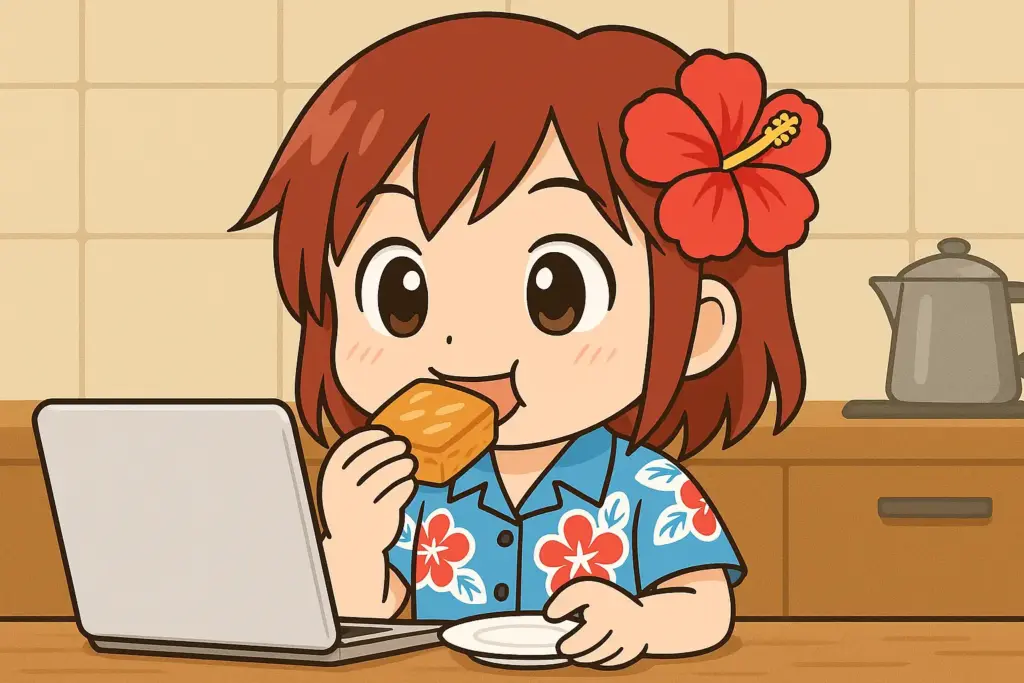 キッチンで田芋パイを食べながらノートパソコンを見ているうむいちゃんの横長イラスト（アロハ柄シャツとハイビスカスのキャラ）