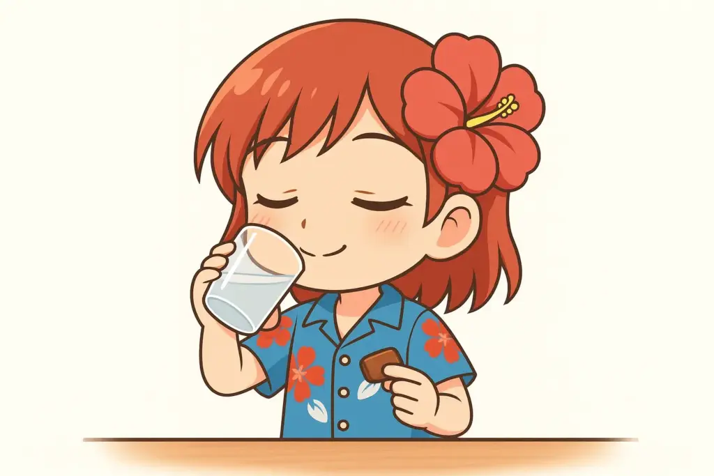 うむいちゃんが透明の飲み物を片手に黒糖をつまむ様子を描いたちびキャラ風イラスト