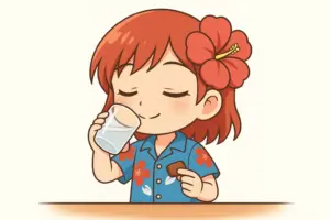 うむいちゃんが透明の飲み物を片手に黒糖をつまむ様子を描いたちびキャラ風イラスト