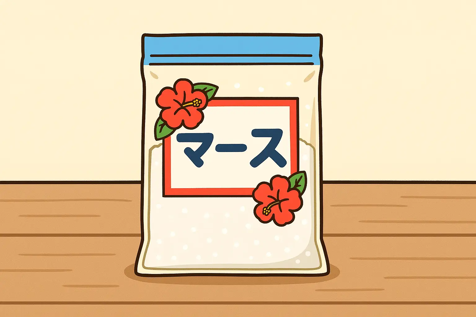 机の上に置かれたマースの袋を描いた横長イラスト（うむいちゃん画風のシンプルな商品カット）