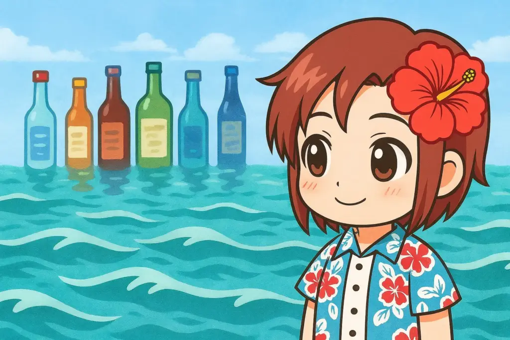 海上の蜃気楼に泡盛風のボトルが並び、その様子を眺めるうむいちゃんを描いたアニメ風イラスト。