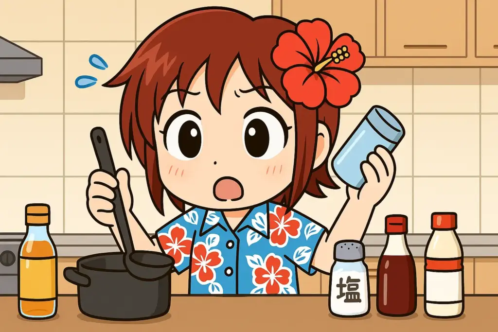 キッチンで料理中に塩が足りないことに気づいて驚くうむいちゃんの横長イラスト（ハイビスカスとアロハ柄シャツのキャラ）