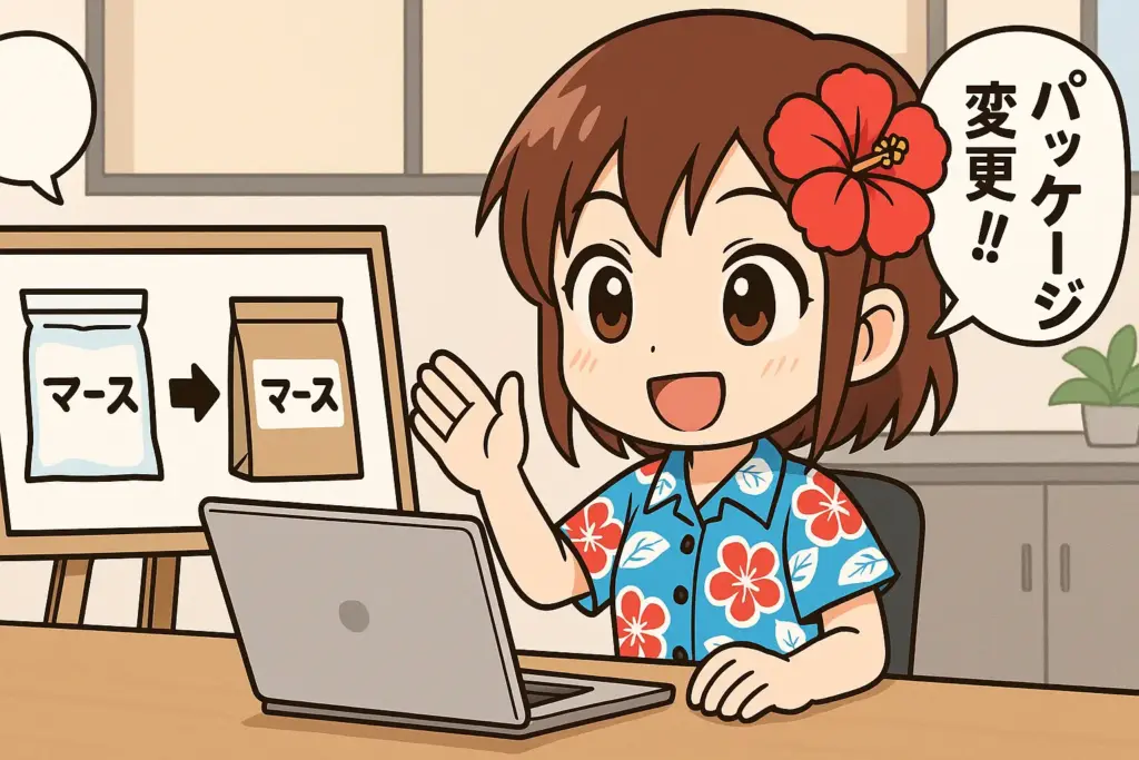 ビニール袋から紙パッケージへの変更について会議で説明するうむいちゃんの横長イラスト（アロハ柄シャツとハイビスカスのキャラ）