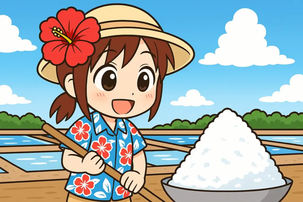 塩田で塩を作る作業をするうむいちゃんの横長イラスト（麦わら帽子・アロハ柄シャツ・ハイビスカスのキャラ）