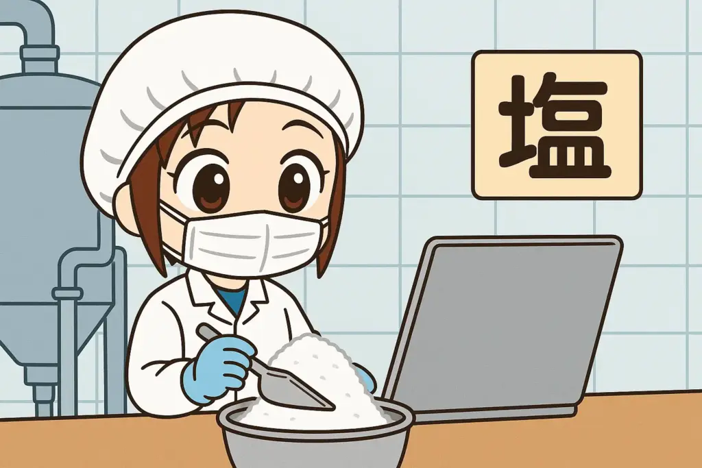 塩の製造工場で衛生管理を徹底しながら塩を精製するうむいちゃんの横長イラスト（白衣・マスク・ヘアキャップ着用）