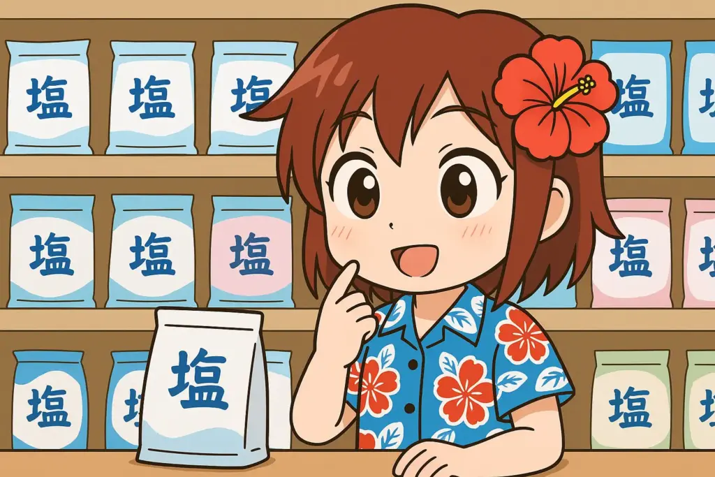 塩を多種類取り扱うショップで商品を選ぶうむいちゃんの横長イラスト（ハイビスカスとアロハ柄シャツのキャラ）