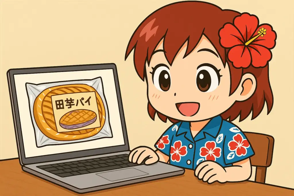ホールサイズの田芋パイの梱包商品をノートパソコンで確認して購入を検討するうむいちゃんの横長イラスト（ハイビスカスとアロハ柄シャツのキャラ）