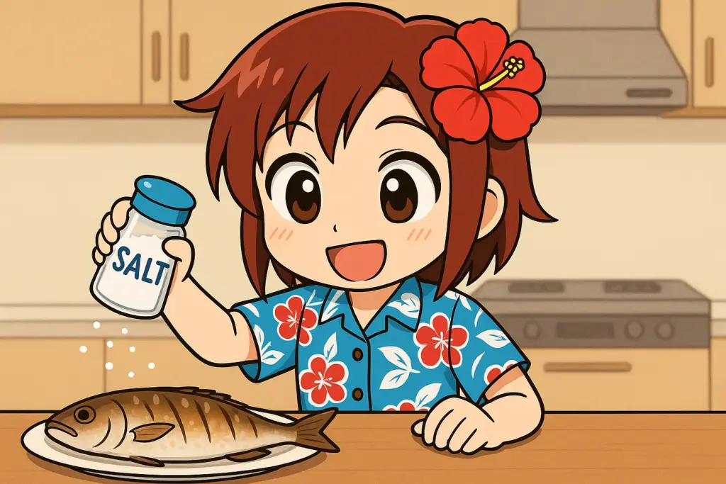 焼き魚に塩を振りかけて味をなじませようとしているうむいちゃんの横長イラスト（ハイビスカスとアロハ柄シャツのキャラ）