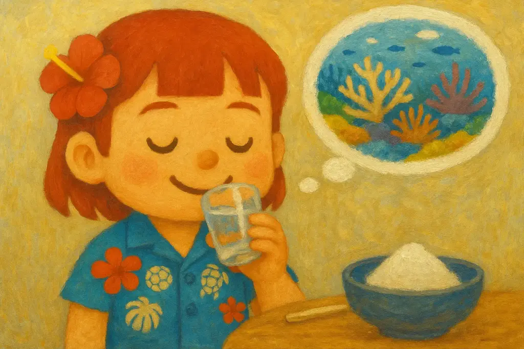 目を閉じて珊瑚礁を思い浮かべるうむいちゃんを描いた油絵風横長イラスト