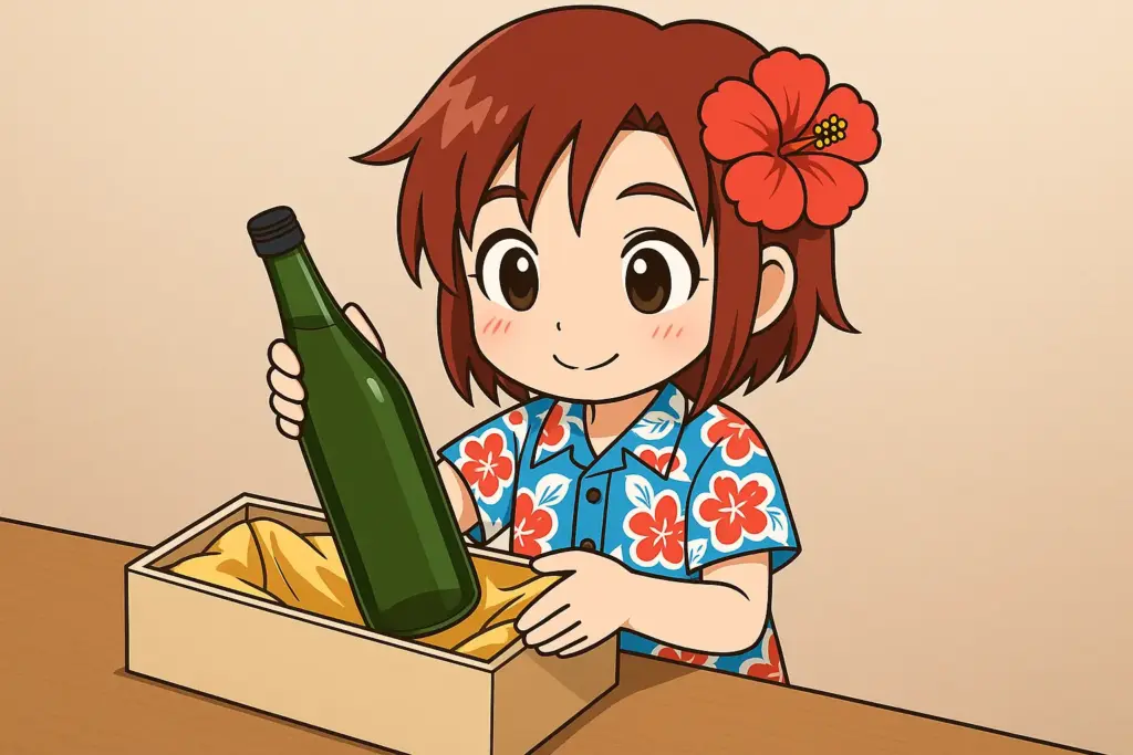 うむいちゃんが贈答用の箱にラベルなしの泡盛ボトルを丁寧に入れる様子