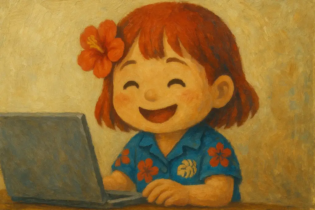 うむいちゃんがラップトップでお値ごろ価格の商品を見つけて嬉しそうに笑う様子を描いた油絵風横長イラスト