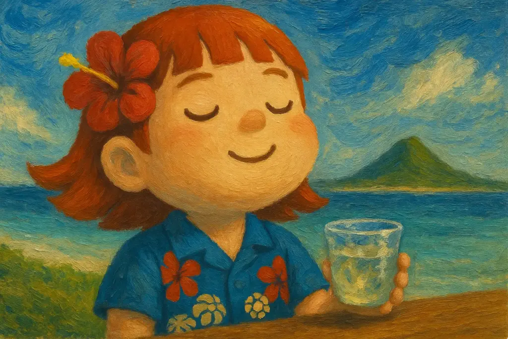 うむいちゃんが目を閉じて鼻息荒く波照間島の空気を吸い込む様子を描いた油絵風横長イラスト