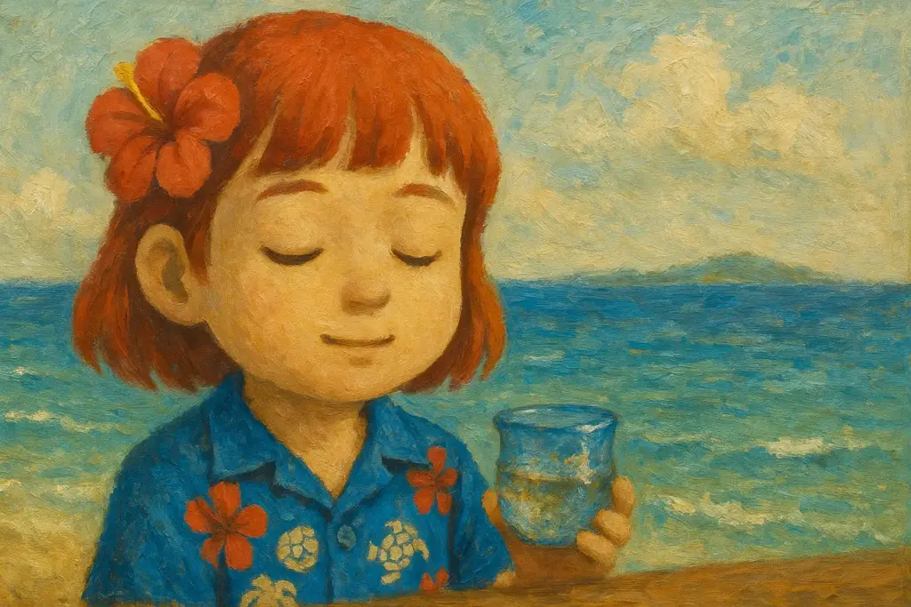 うむいちゃんが目を閉じて波照間島に想いを馳せる様子を描いた油絵風横長イラスト