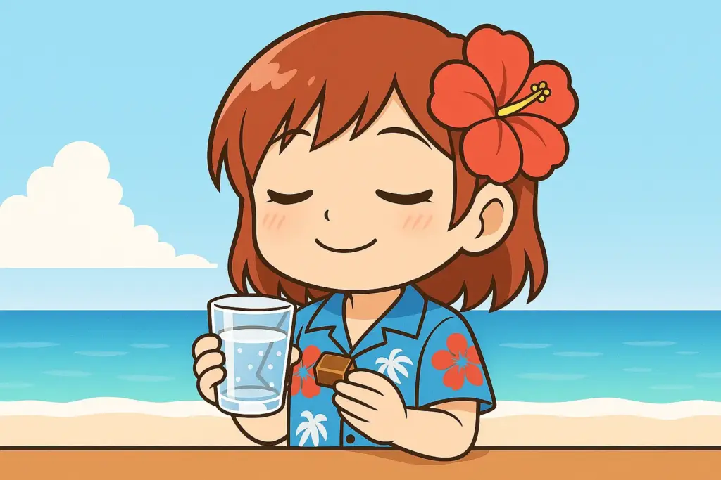 波照間島に思いを馳せながら泡盛の入ったグラスを手に目を閉じて座るうむいちゃんの横長イラスト