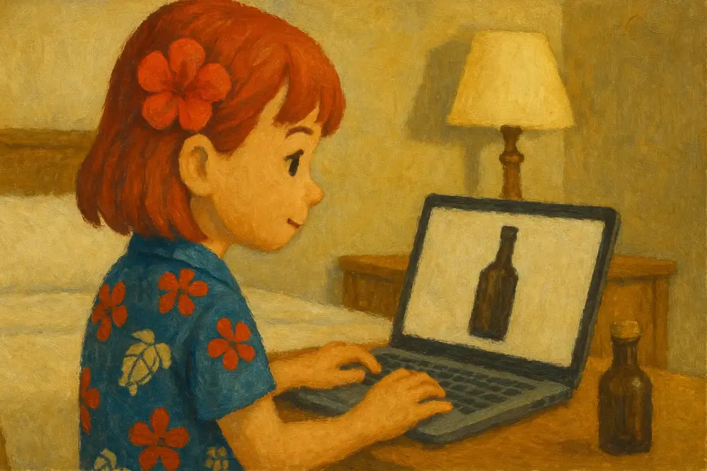 うむいちゃんがビジネスホテルの部屋で泡盛のボトルを探す様子を描いた油絵風横長イラスト(ラベルなし)