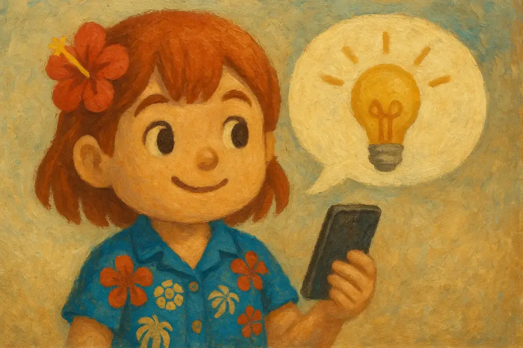 うむいちゃんが何かを思いついたような表情で電灯マークの吹き出しを浮かべている油絵風横長イラスト