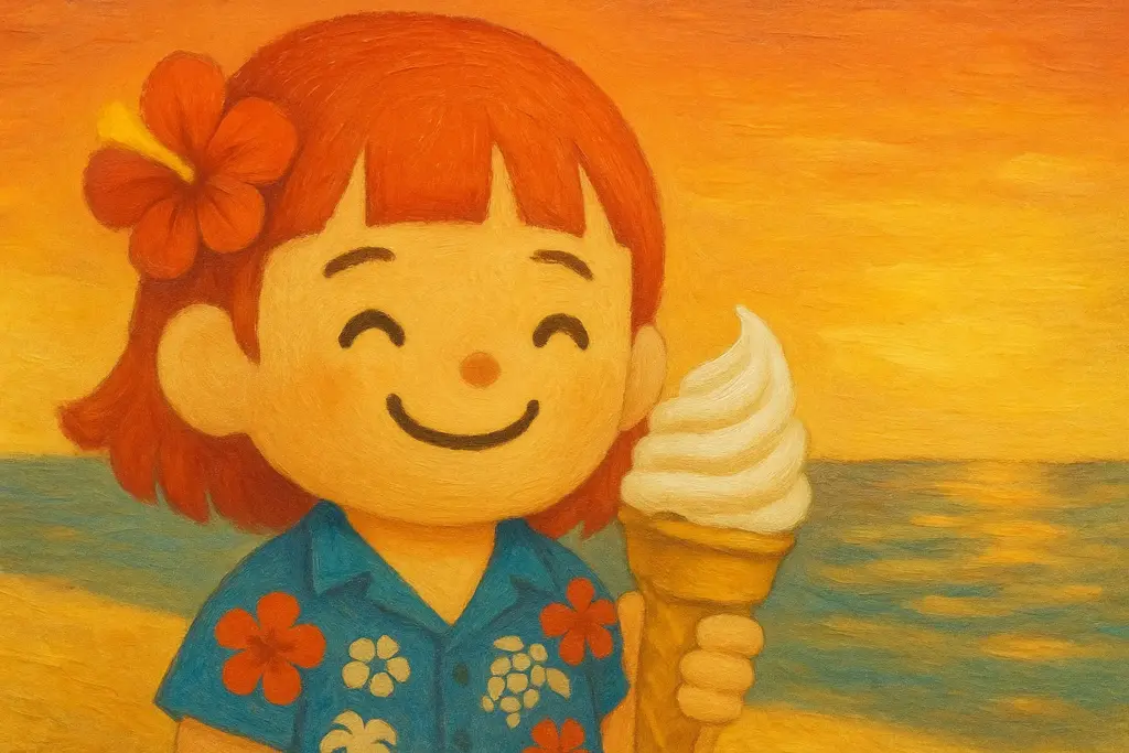 宮古島の海辺でソフトクリームを手に微笑むうむいちゃんを描いた油絵風イラスト。夕焼けを背景に、青いかりゆしシャツと赤いハイビスカスが南国らしさを引き立てている。