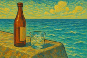 防波堤に置かれたお酒の瓶とグラス越しに広がる海の情景を描いた油絵風イラスト（うむいちゃん画風）