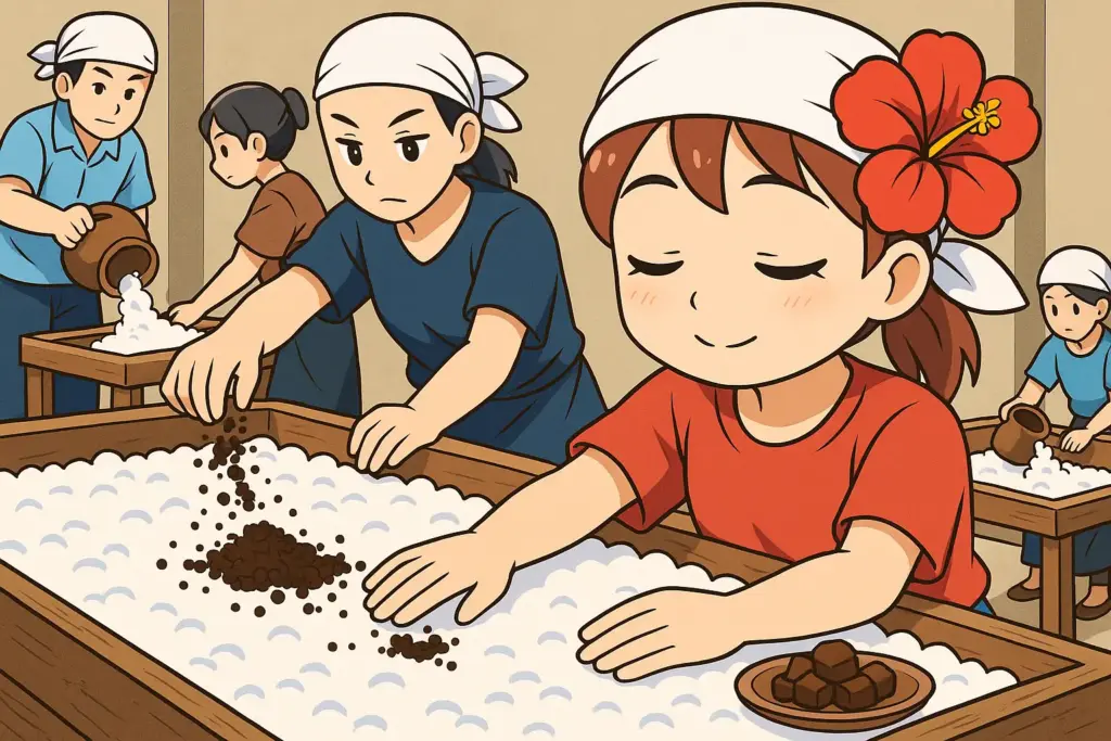 沖縄のうむいちゃんが黒麹づくりの作業場で米に麹菌をまぶす様子を描いたアニメ風イラスト。他の作業者が木枠の麹室で作業する場面も表現。