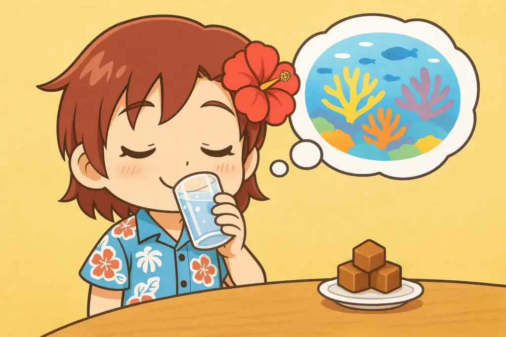 うむいちゃんが黒糖と水を楽しみながら、沖縄の色鮮やかなサンゴ礁を思い浮かべているアニメ風イラスト。