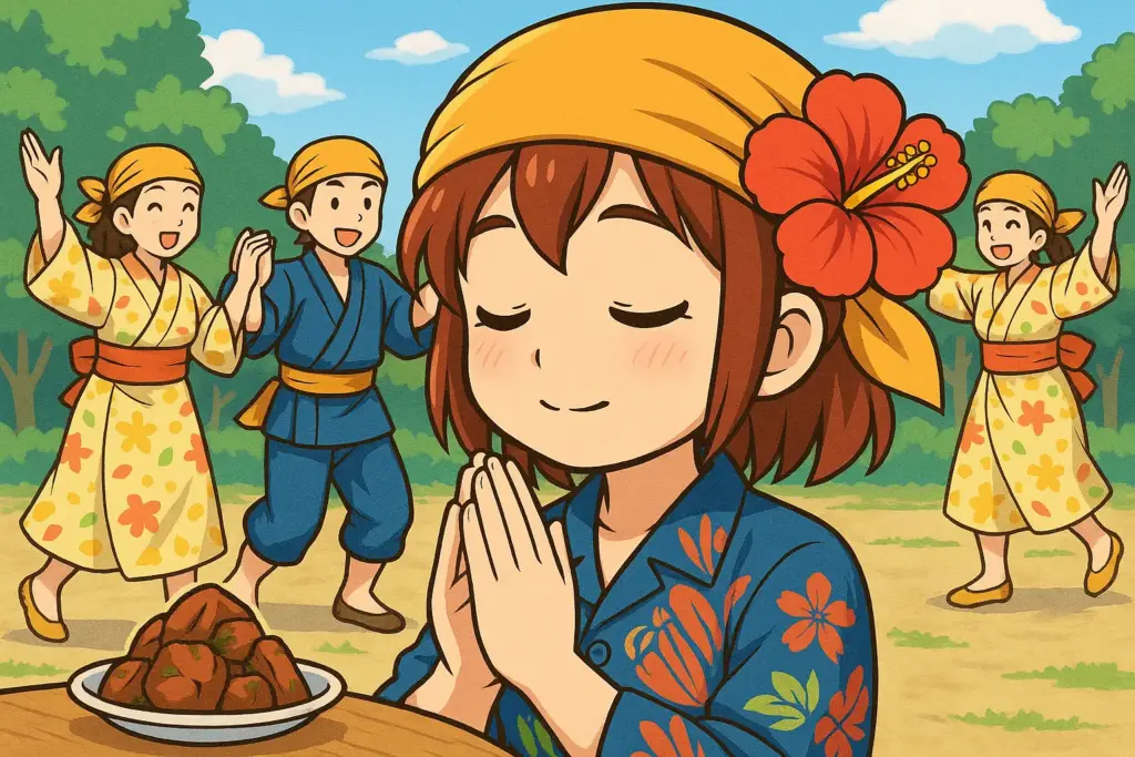 沖縄の伝統舞踊を背景に、祈りのポーズをするうむいちゃんを描いたアニメ風イラスト。黄色いハチマキとハイビスカスを身につけた姿が特徴。