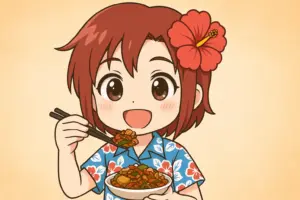 チーイリチーを箸で口に運ぶうむいちゃんを描いた横長イラスト。アロハシャツとハイビスカスが特徴のキャラクター描写