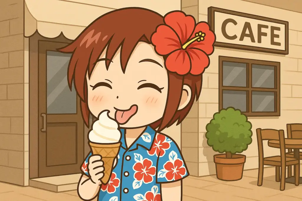 山原のカフェ前でアイスクリームを食べてご機嫌なうむいちゃんを描いた横長イラスト。アロハシャツとハイビスカスが特徴のキャラクター描写