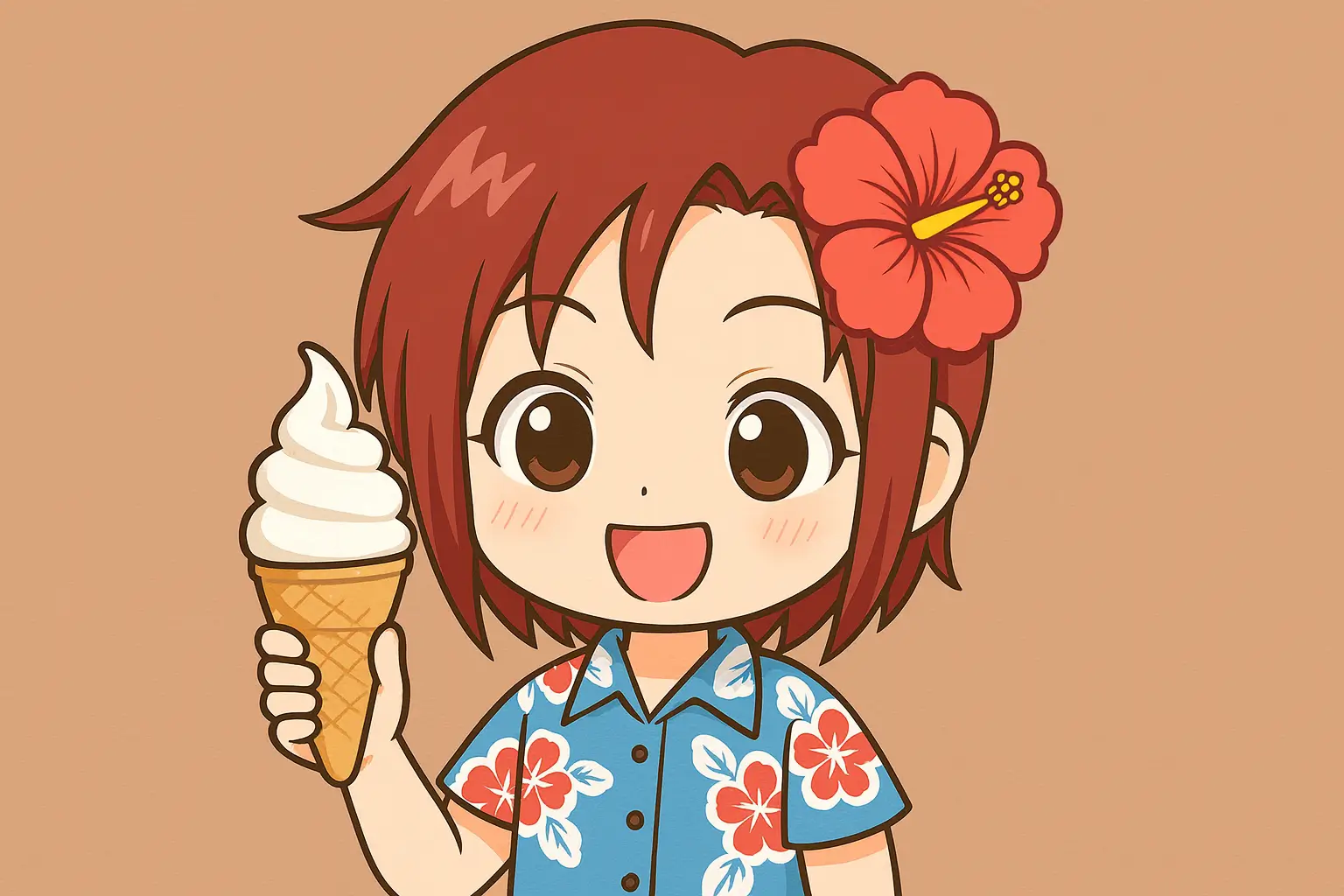 ソフトクリームを手に持ちご機嫌なうむいちゃんを描いた横長イラスト。青いアロハシャツとハイビスカスが特徴の沖縄らしいキャラクター描写