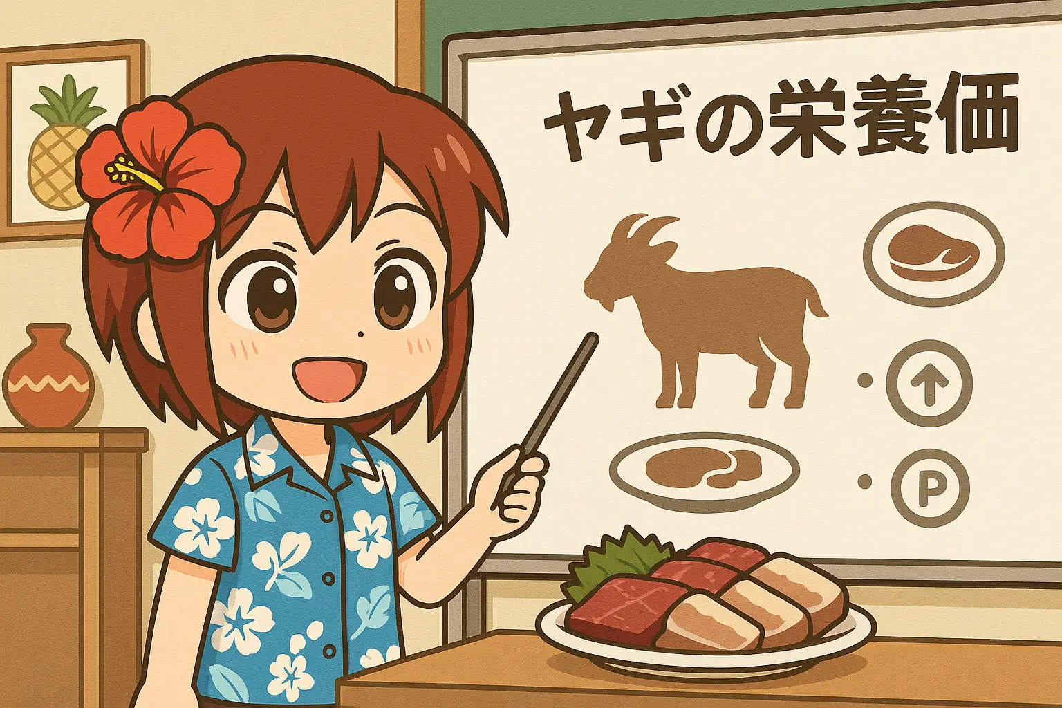 うむいちゃんがヤギの栄養価について講座を開いている様子を描いた横長イラスト。ホワイトボードを指し示しながら説明する姿とヤギ肉の盛り合わせが並ぶ構図