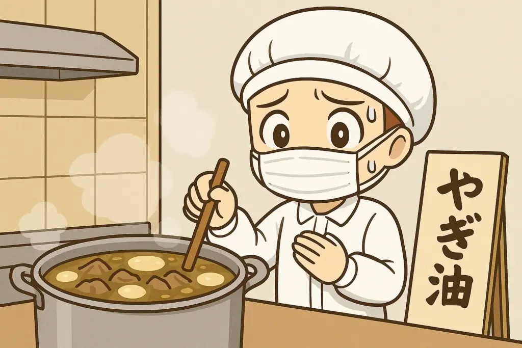 食品衛生に気を遣った姿でヤギ汁を調理しているうむいちゃんが、鍋に浮かぶ大量の脂に少し引いている様子を描いた横長イラスト
