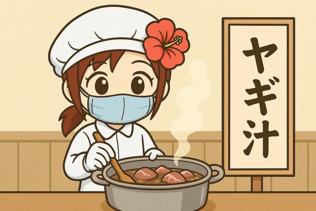 食品衛生に気を遣い白衣とマスク姿でヤギ汁の鍋をかき混ぜるうむいちゃんを描いた横長イラスト。衛生的な調理シーンが分かる画像