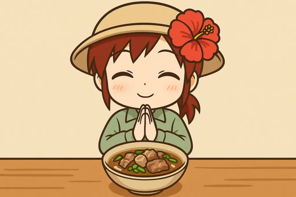 ヤギ汁を前に「いただきます」のポーズをするうむいちゃんを描いた横長イラスト。作業着姿で笑顔のシーン