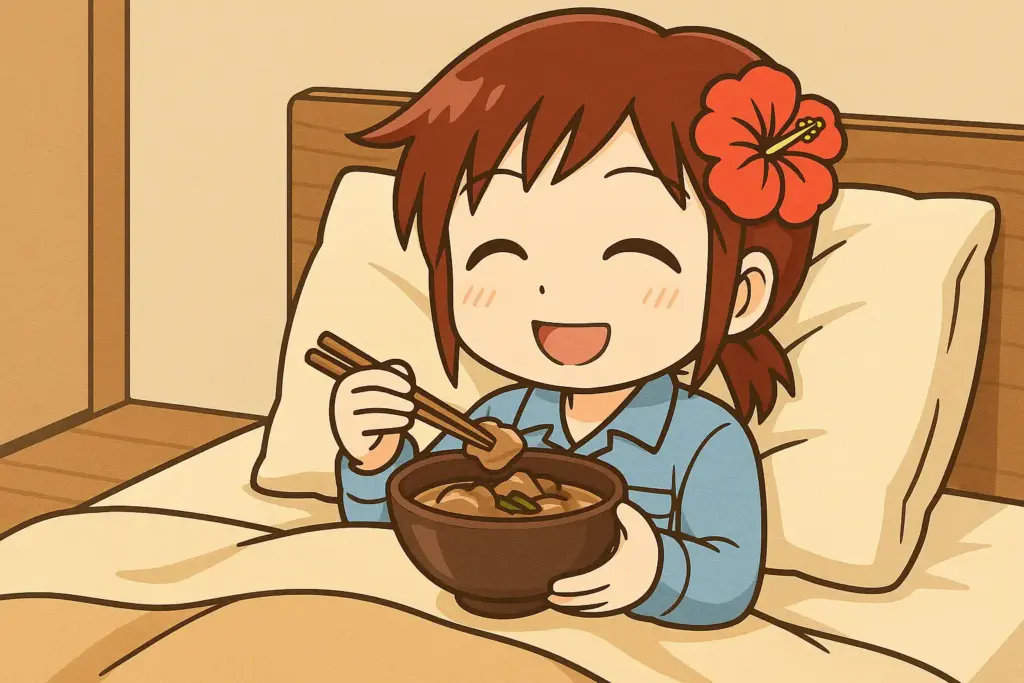 体調不良で横になっていたうむいちゃんが布団から上体を起こしヤギ汁を食べようとしている様子を描いた横長イラスト