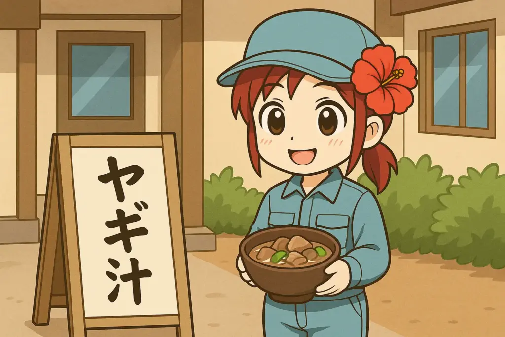 食堂の外でヤギ汁を手に持ち提供しようとしているうむいちゃんと「ヤギ汁」と縦書きされた立て看板を描いた横長イラスト